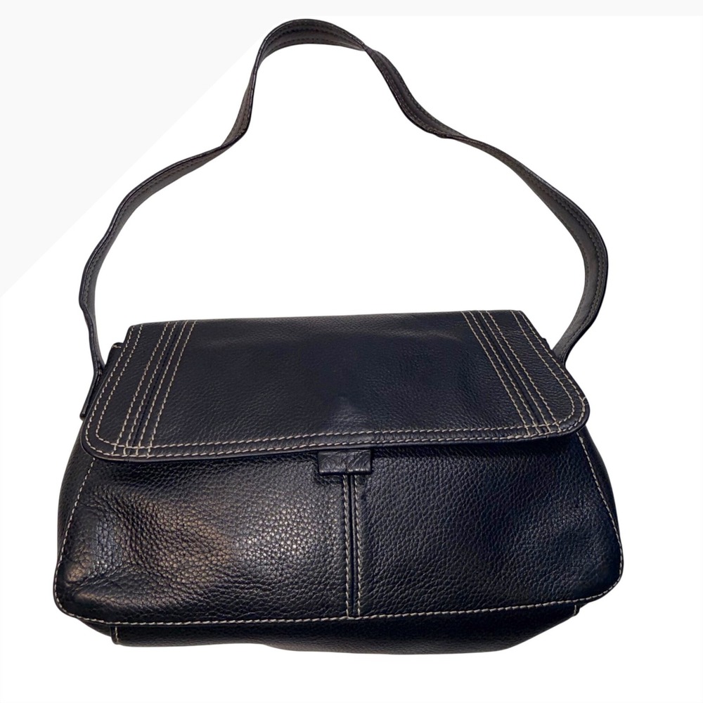 Black Leather Shoulder Bag Flap Top Stitching‎ Buckle Closure